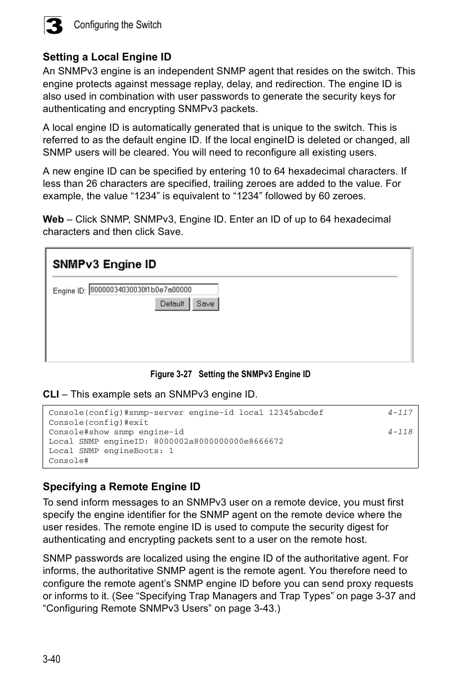 Setting a local engine id, Specifying a remote engine id, Figure 3-27 | Setting the snmpv3 engine id | Accton Technology ES5508 User Manual | Page 80 / 446