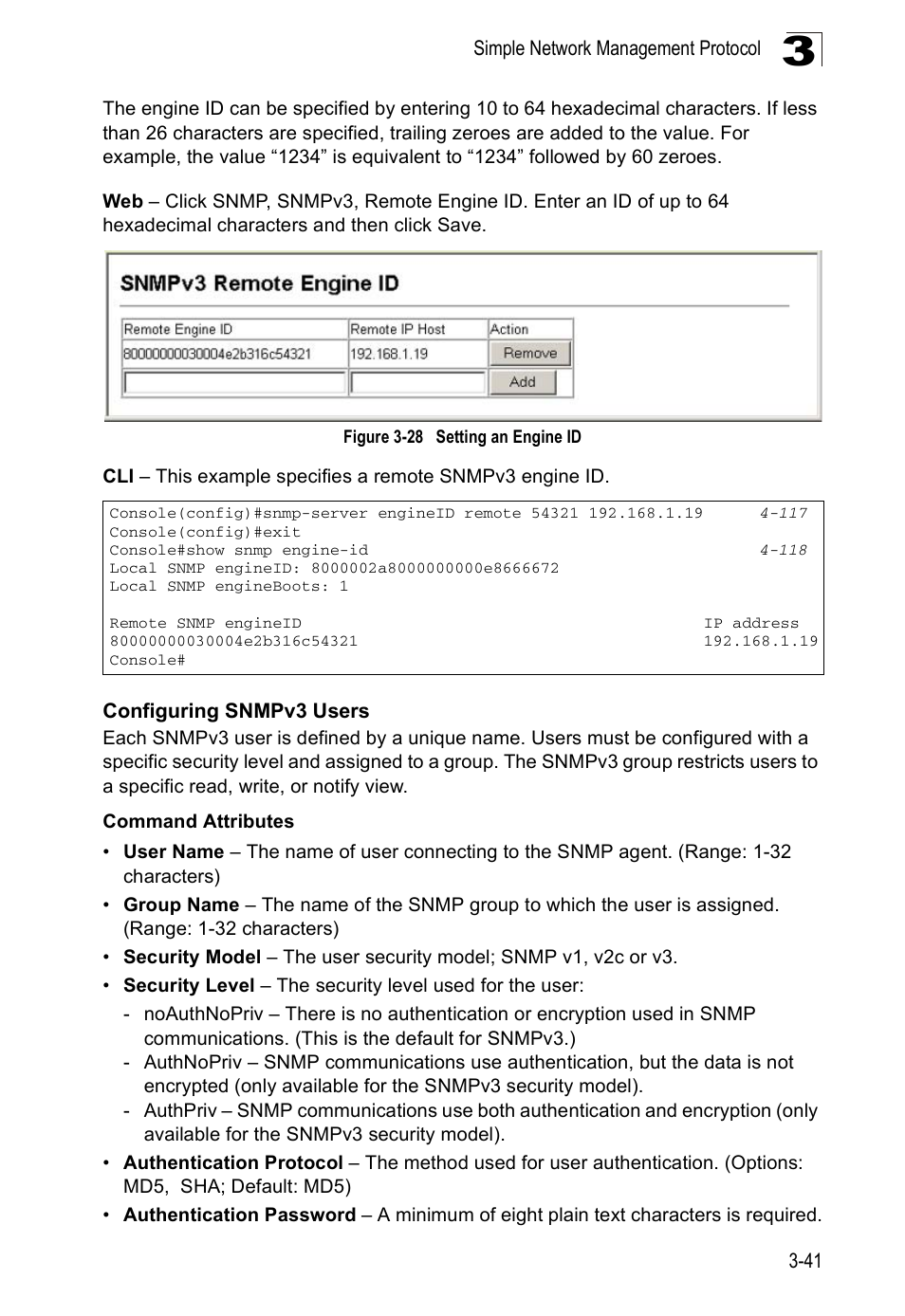 Configuring snmpv3 users, Figure 3-28, Setting an engine id | Accton Technology ES5508 User Manual | Page 81 / 446