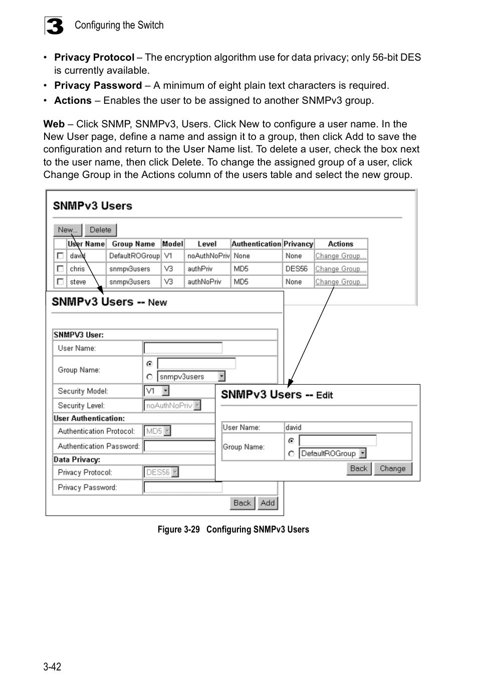 Figure 3-29, Configuring snmpv3 users | Accton Technology ES5508 User Manual | Page 82 / 446