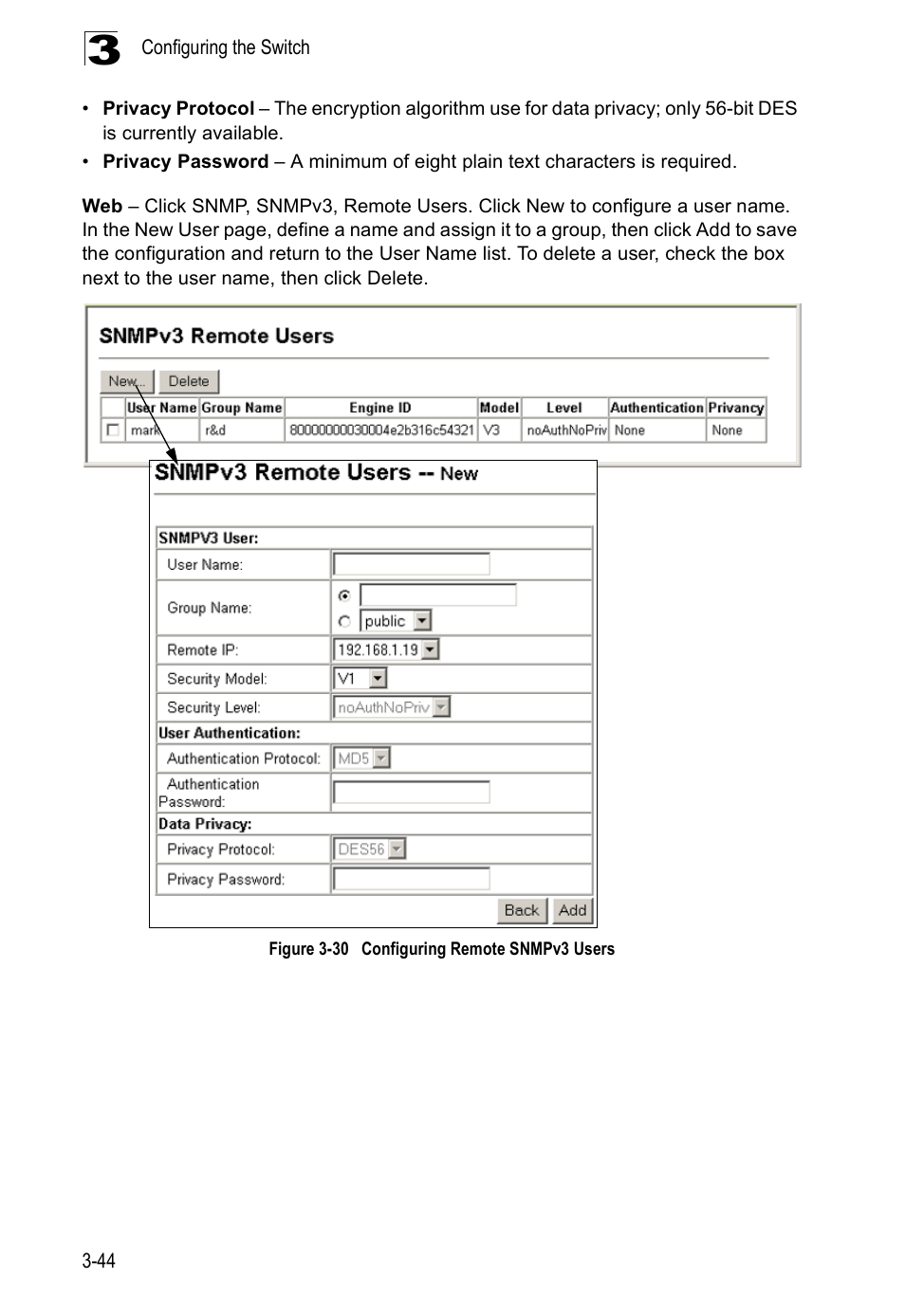 Figure 3-30, Configuring remote snmpv3 users | Accton Technology ES5508 User Manual | Page 84 / 446