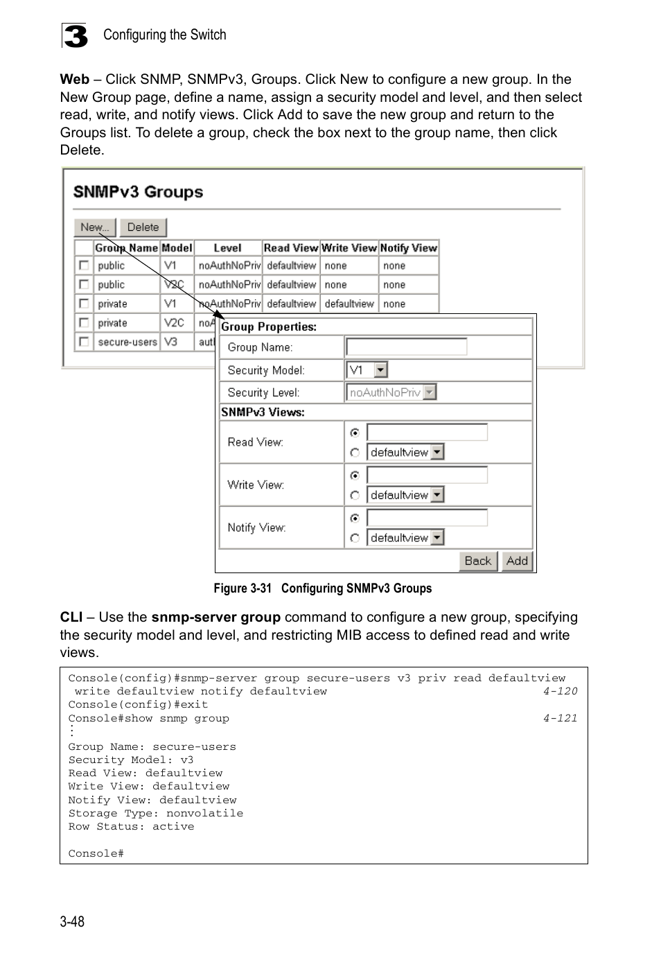 Figure 3-31, Configuring snmpv3 groups | Accton Technology ES5508 User Manual | Page 88 / 446