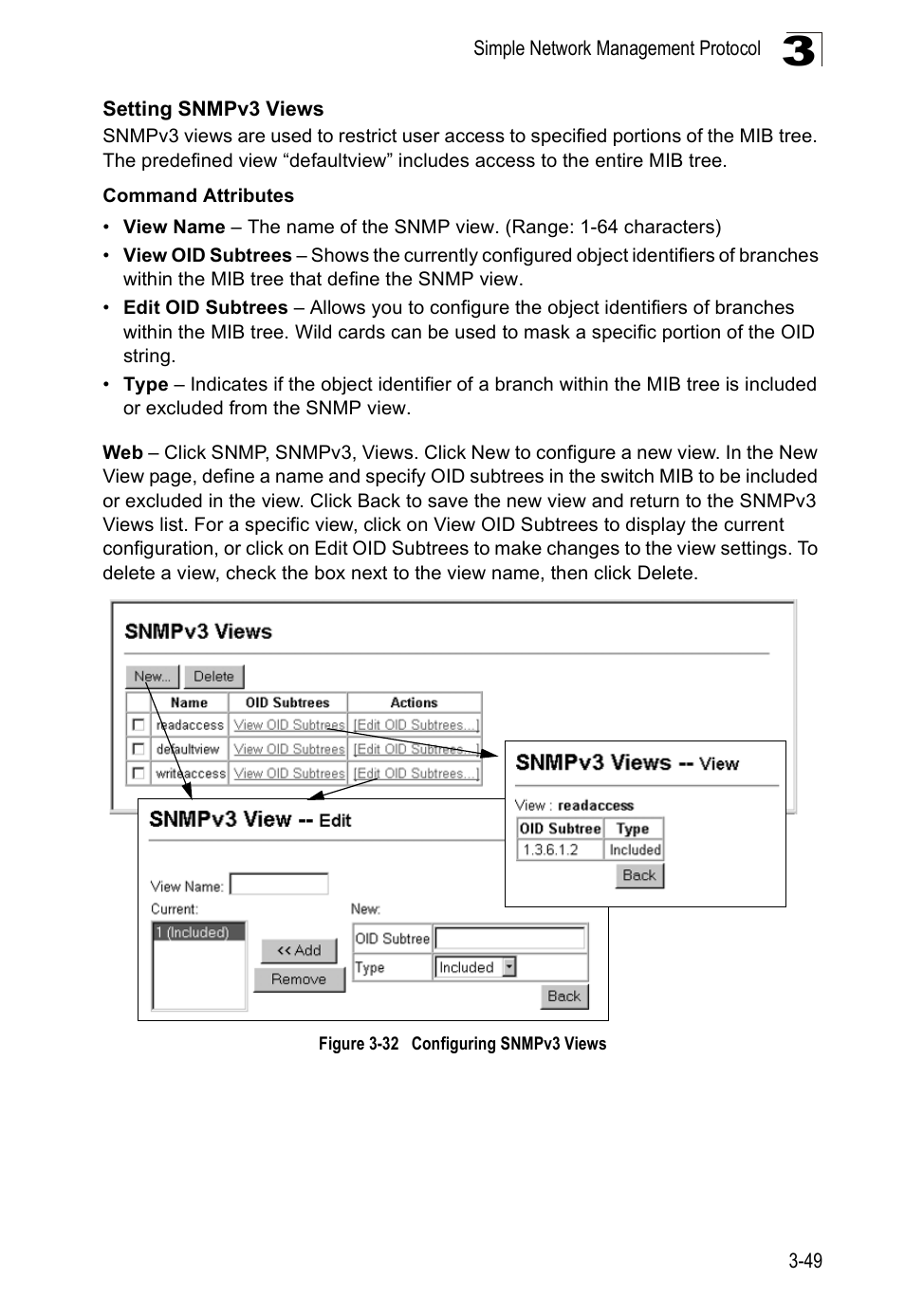 Setting snmpv3 views, Figure 3-32, Configuring snmpv3 views | Accton Technology ES5508 User Manual | Page 89 / 446