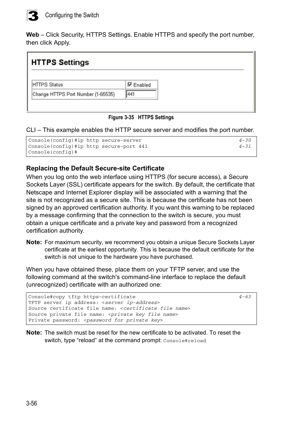 Replacing the default secure-site certificate, Figure 3-35, Https settings | E “replacing the default secure-site | Accton Technology ES5508 User Manual | Page 96 / 446