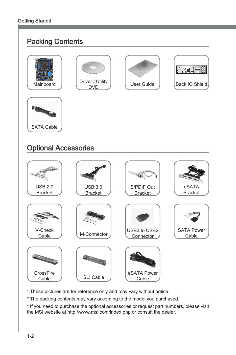 Packng contents -2 optonal accessores -2, Packng contents, Optonal accessores | MSI Z77A-GD80 User Manual | Page 12 / 100