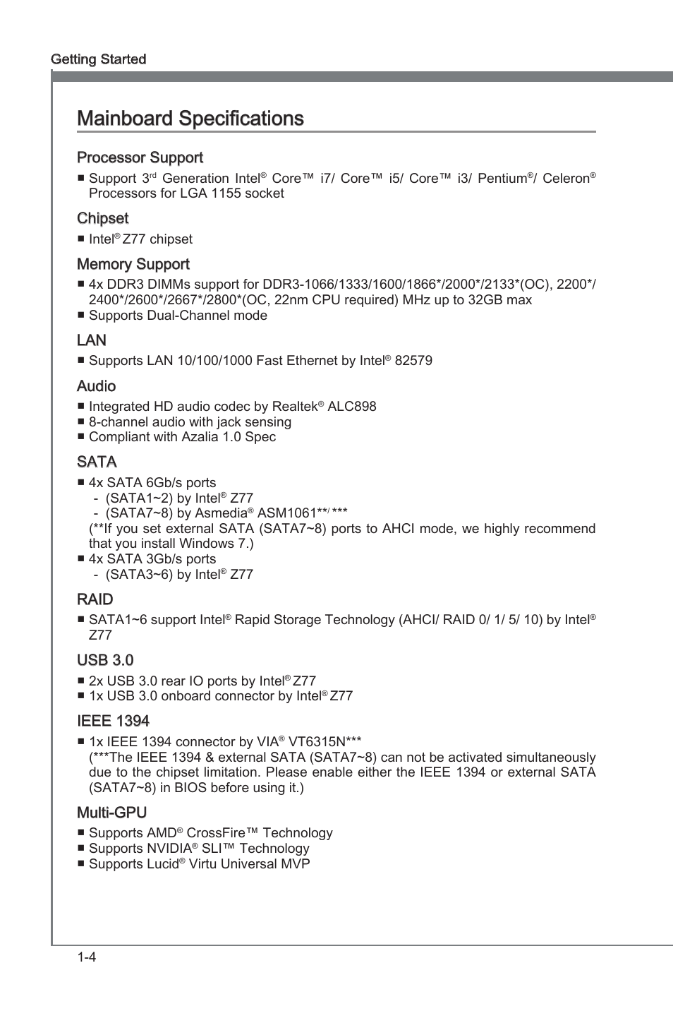 Manboard specficatons -4, Manboard specficatons | MSI Z77A-GD80 User Manual | Page 14 / 100