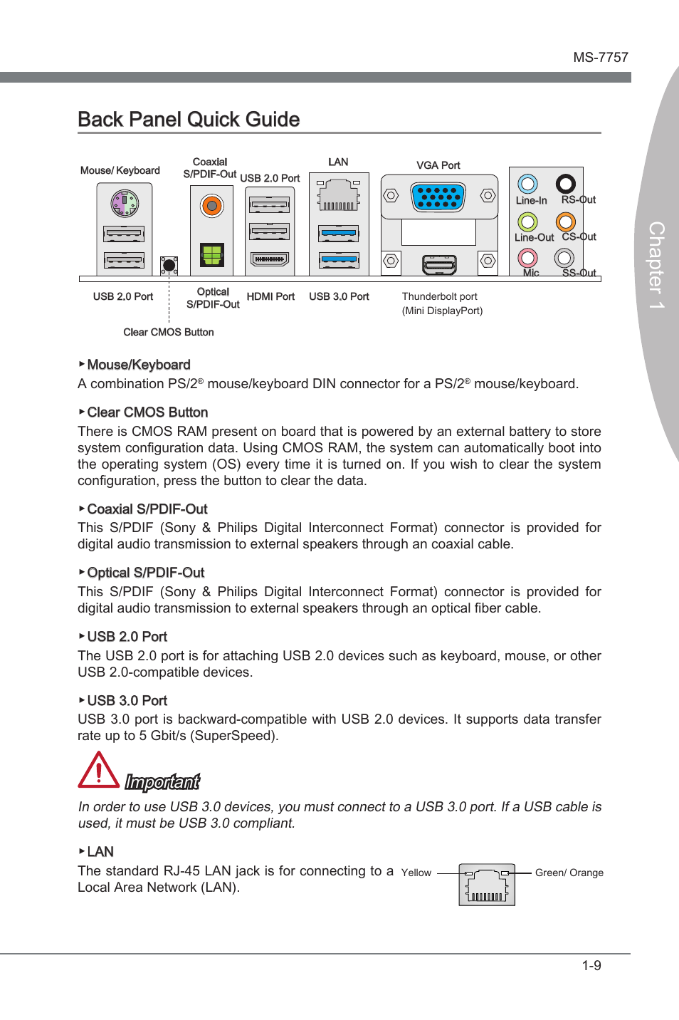 Back panel quck gude -9, Chapter 1 back panel quck gude, Important | MSI Z77A-GD80 User Manual | Page 19 / 100