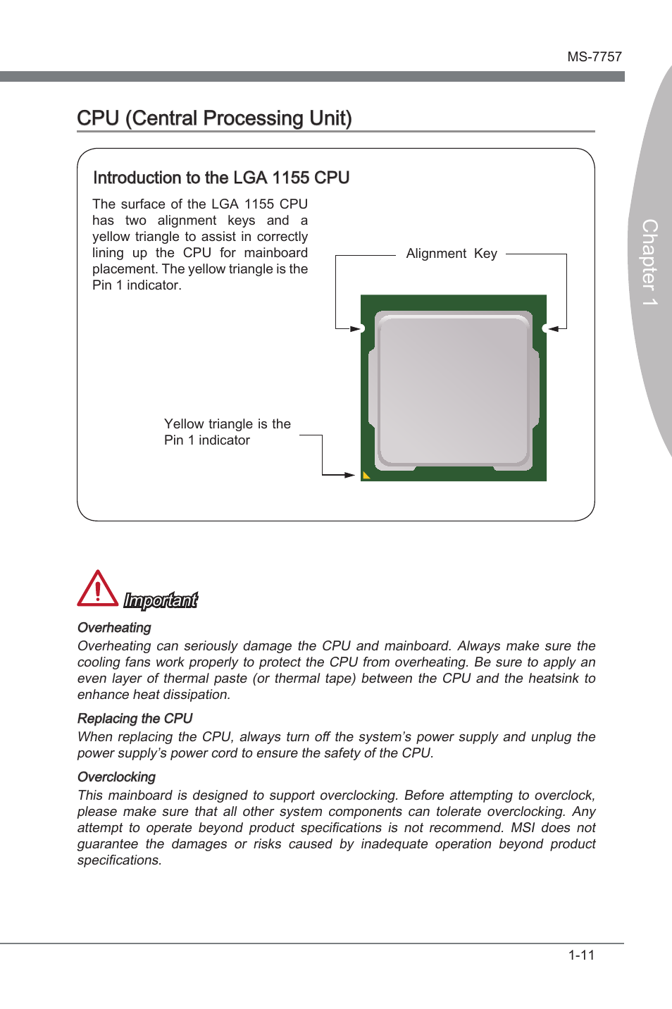 Cpu (central processng unt) -11, Chapter 1 cpu (central processng unt), Introducton to the lga 1155 cpu | Important | MSI Z77A-GD80 User Manual | Page 21 / 100