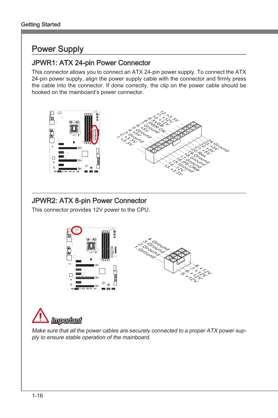 Power supply -16, Jpwr1, Atx 24-pn power connector | Jpwr2, Atx 8-pn power connector, Power supply, Jpwr1: atx 24-pn power connector, Jpwr2: atx 8-pn power connector, Important | MSI Z77A-GD80 User Manual | Page 26 / 100