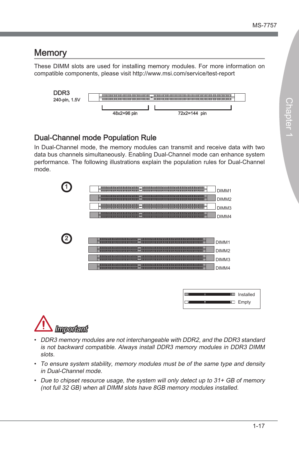 Memory -17, Dual-channel mode populaton rule, Important | MSI Z77A-GD80 User Manual | Page 27 / 100