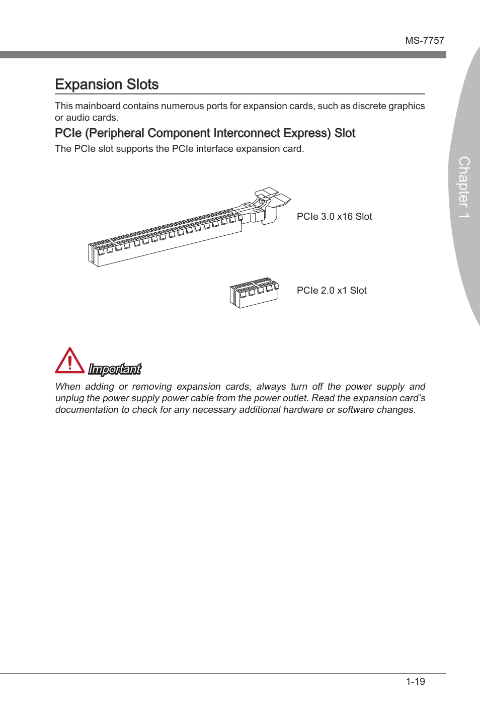 Expanson slots -19, Pcie x16 expanson slots, Pcie x1 expanson slots | Chapter 1 expanson slots | MSI Z77A-GD80 User Manual | Page 29 / 100