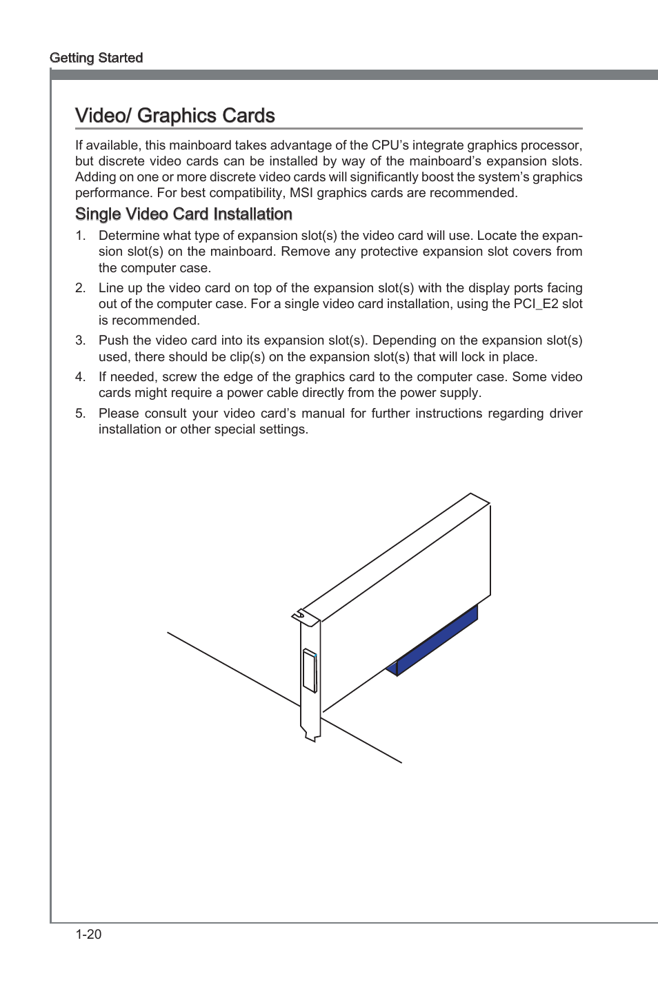 Vdeo/ graphcs cards -20, Vdeo/ graphcs cards, Sngle vdeo card installaton | MSI Z77A-GD80 User Manual | Page 30 / 100