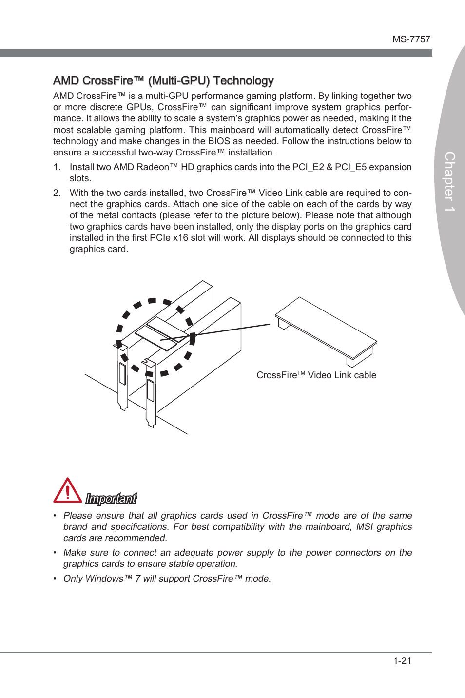 Chapter 1, Amd crossfre™ (mult-gpu) technology, Important | MSI Z77A-GD80 User Manual | Page 31 / 100