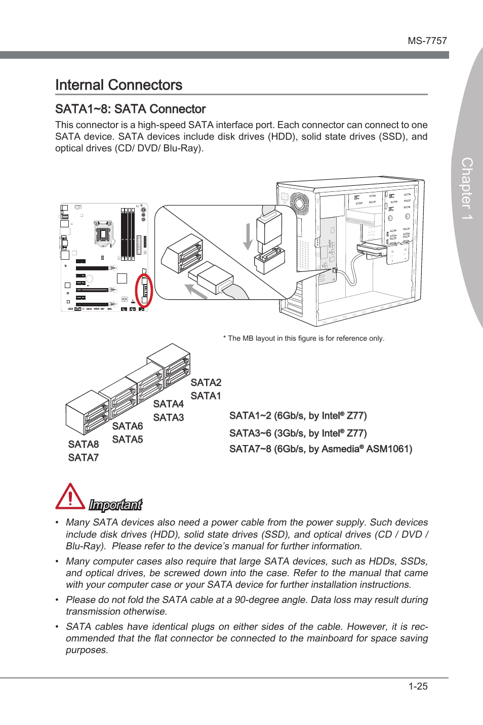 Internal connectors -25, Sata1_2, 7_8, Sata 6gb/s connectors | Sata3_4, 5_6, Sata 3gb/s connectors, Chapter 1 internal connectors, Sata1~8: sata connector, Important | MSI Z77A-GD80 User Manual | Page 35 / 100