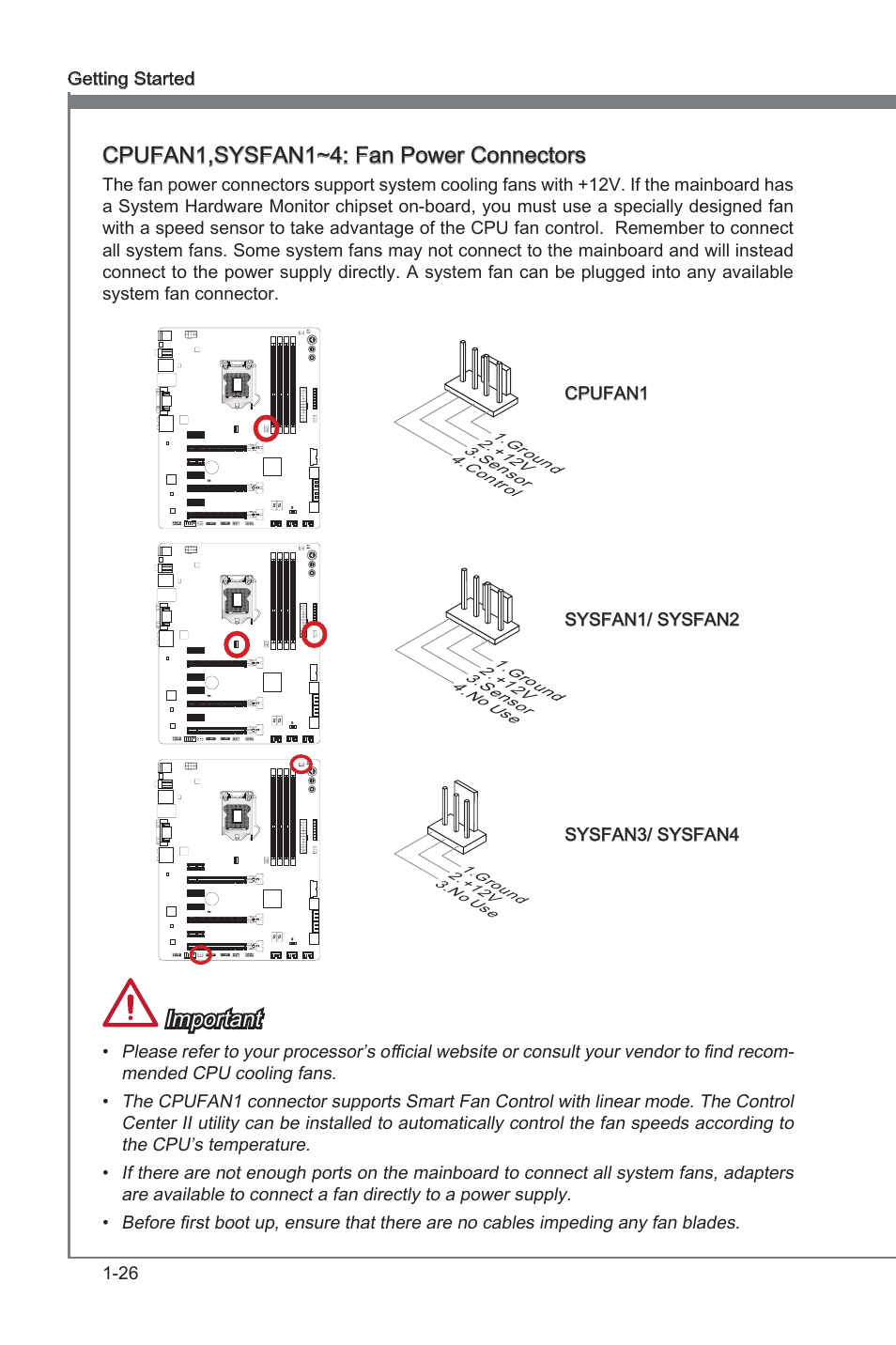 Cpufan,sysfan1~4, Fan power connectors, Cpufan1,sysfan1~4: fan power connectors | Important | MSI Z77A-GD80 User Manual | Page 36 / 100