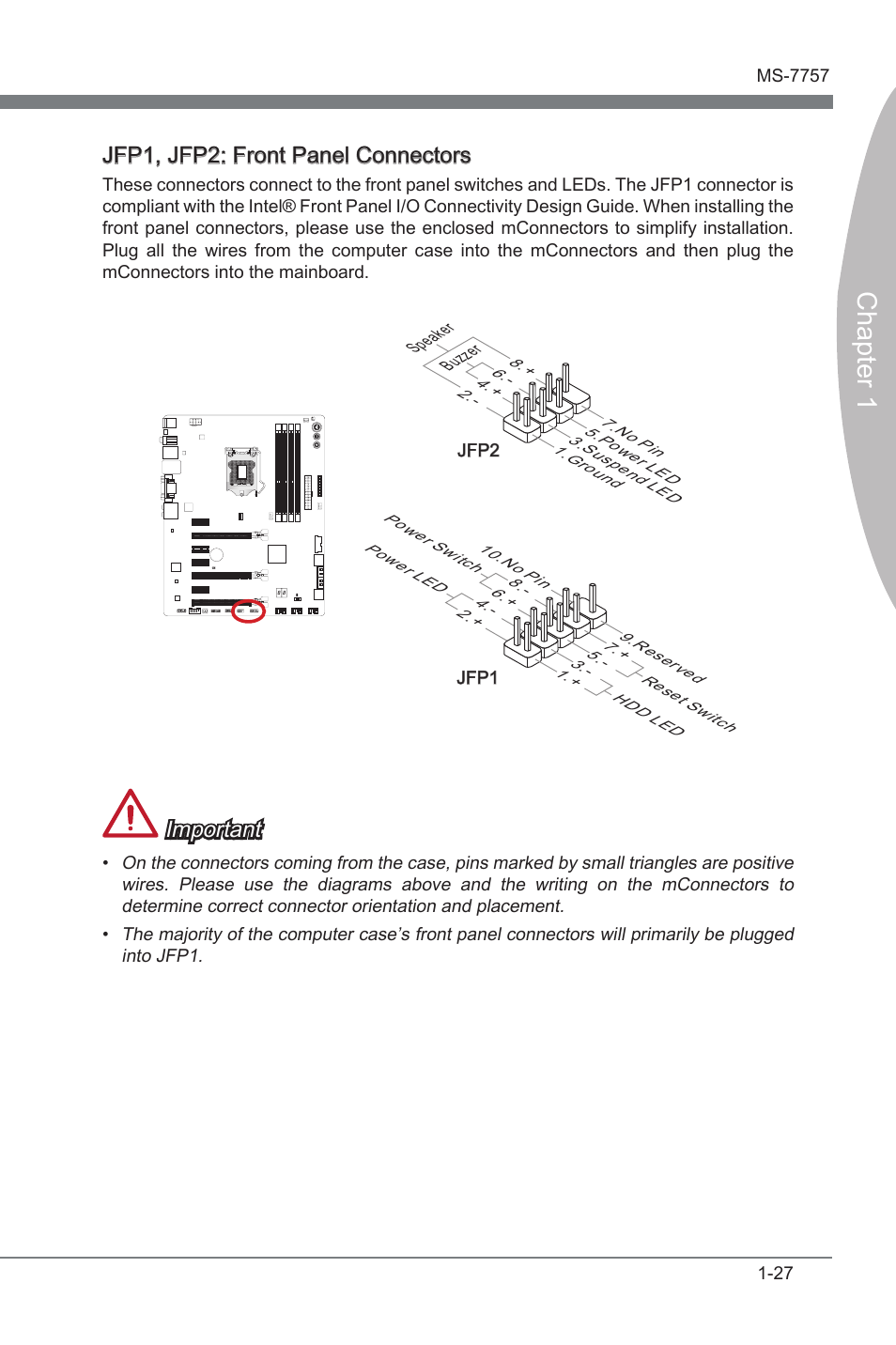 Jfp1, jfp2, Front panel connectors, Chapter 1 | Jfp1, jfp2: front panel connectors, Important | MSI Z77A-GD80 User Manual | Page 37 / 100