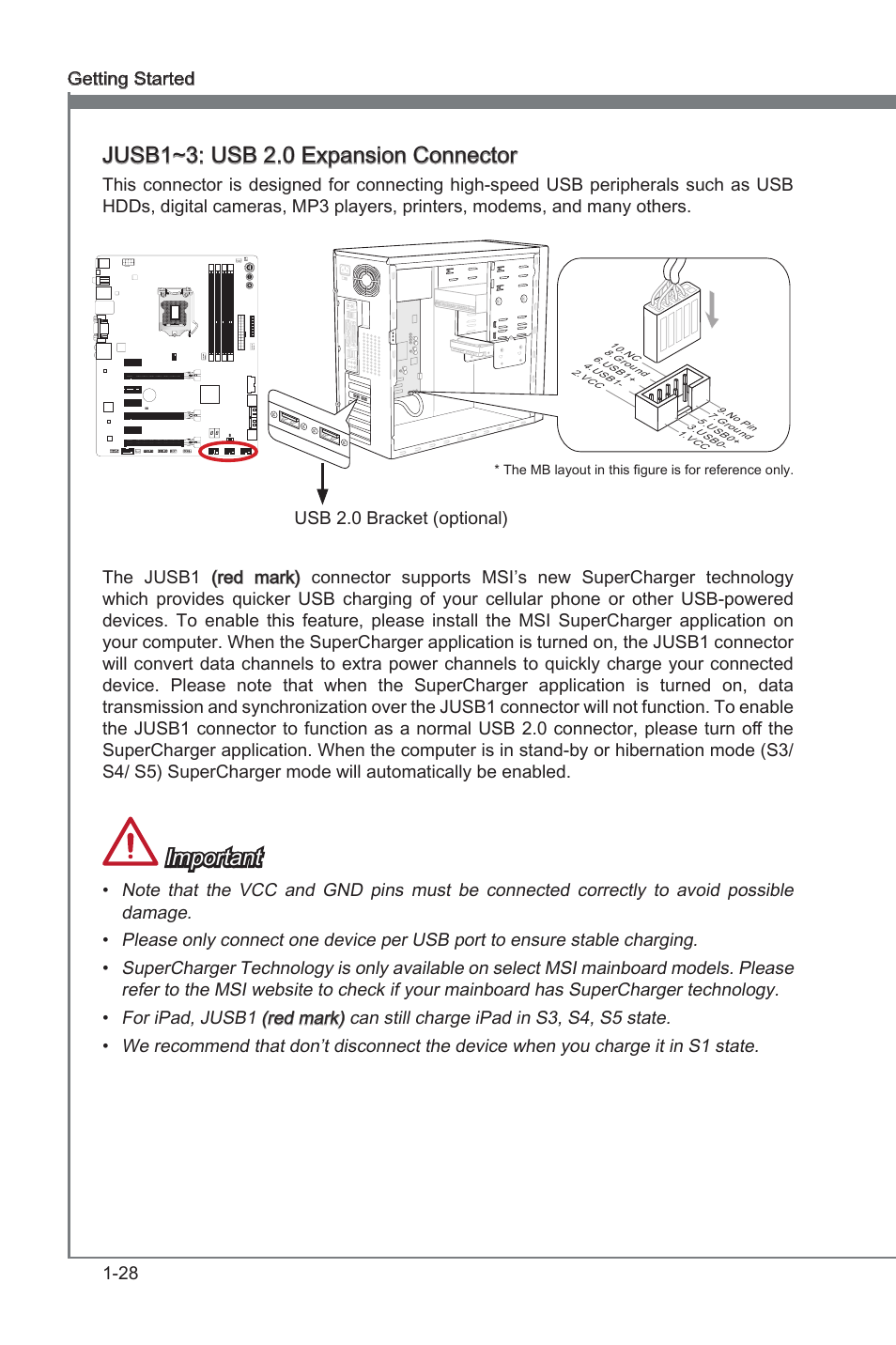 Jusb1~3, Usb 2.0 expanson connectors, Jusb1~3: usb 2.0 expanson connector | Important, 28 gettng started | MSI Z77A-GD80 User Manual | Page 38 / 100