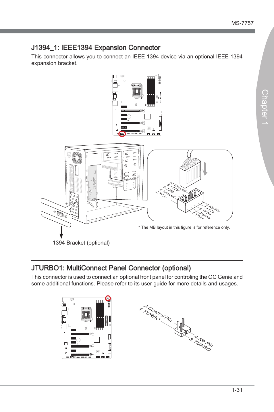 J1394_1, Ieee1394 expanson connector, Jturbo1 | Multconnect panel connector, Chapter 1, Jturbo1: multconnect panel connector (optonal), 1394 bracket (optonal) | MSI Z77A-GD80 User Manual | Page 41 / 100