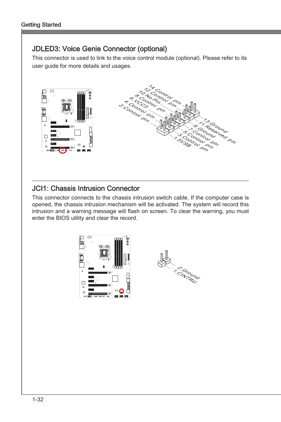 Jci1, Chasss intruson connector, Jdled3 | Voce gene connector, Jdled3: voce gene connector (optonal), Jci1: chasss intruson connector | MSI Z77A-GD80 User Manual | Page 42 / 100