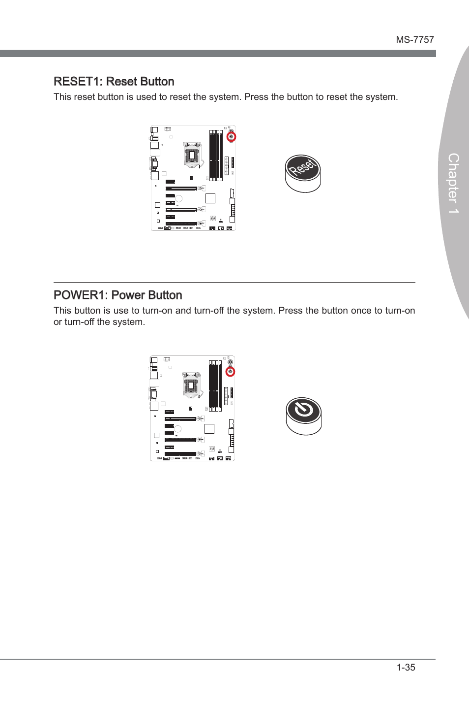 Power1, Power button, Reset1 | Reset button, Chapter 1 | MSI Z77A-GD80 User Manual | Page 45 / 100