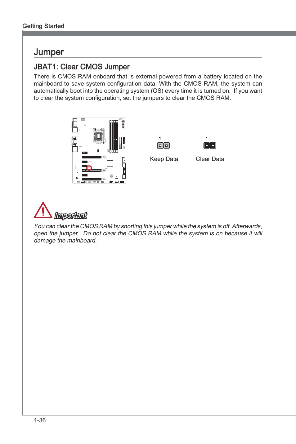 Jumper -36, Jbat1, Clear cmos jumper | Jumper, Jbat1: clear cmos jumper, Important | MSI Z77A-GD80 User Manual | Page 46 / 100