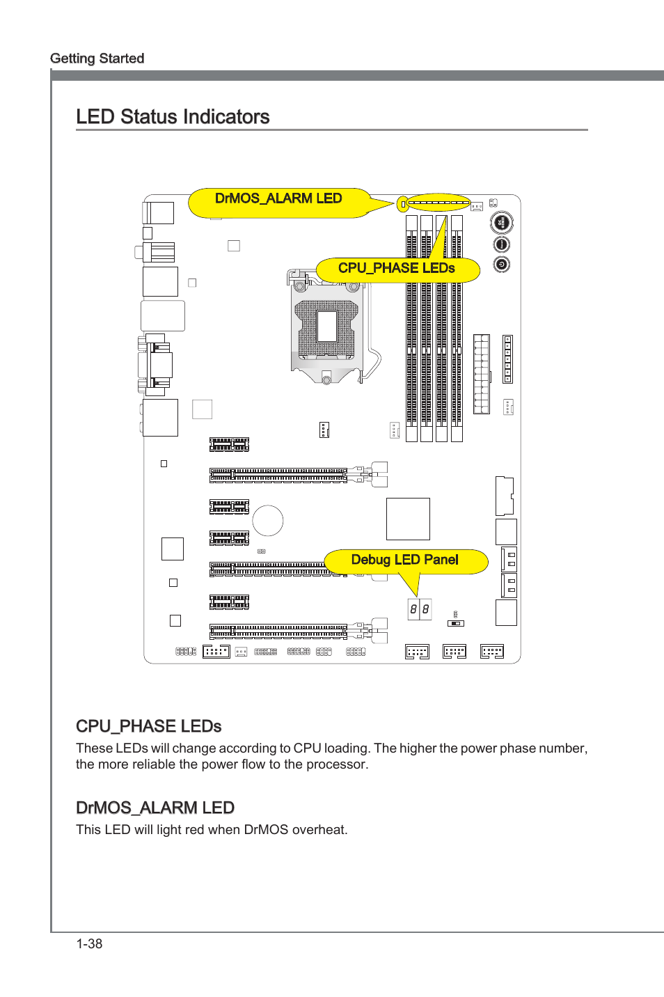 Led status indcators -38, Led status indcators | MSI Z77A-GD80 User Manual | Page 48 / 100