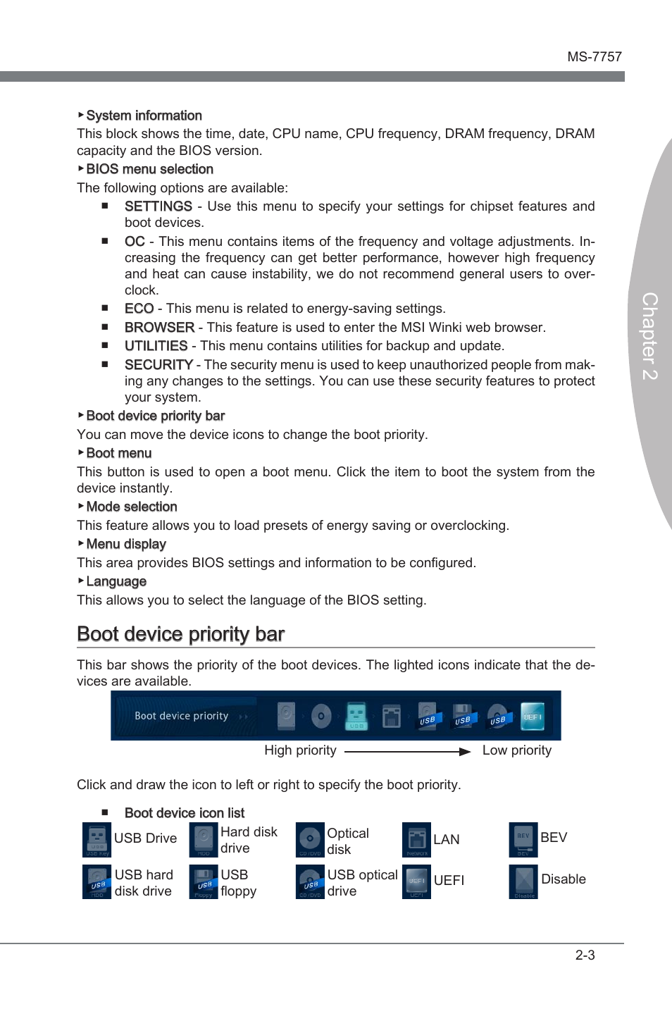 Boot devce prorty bar -3, Chapter 2, Boot devce prorty bar | MSI Z77A-GD80 User Manual | Page 53 / 100