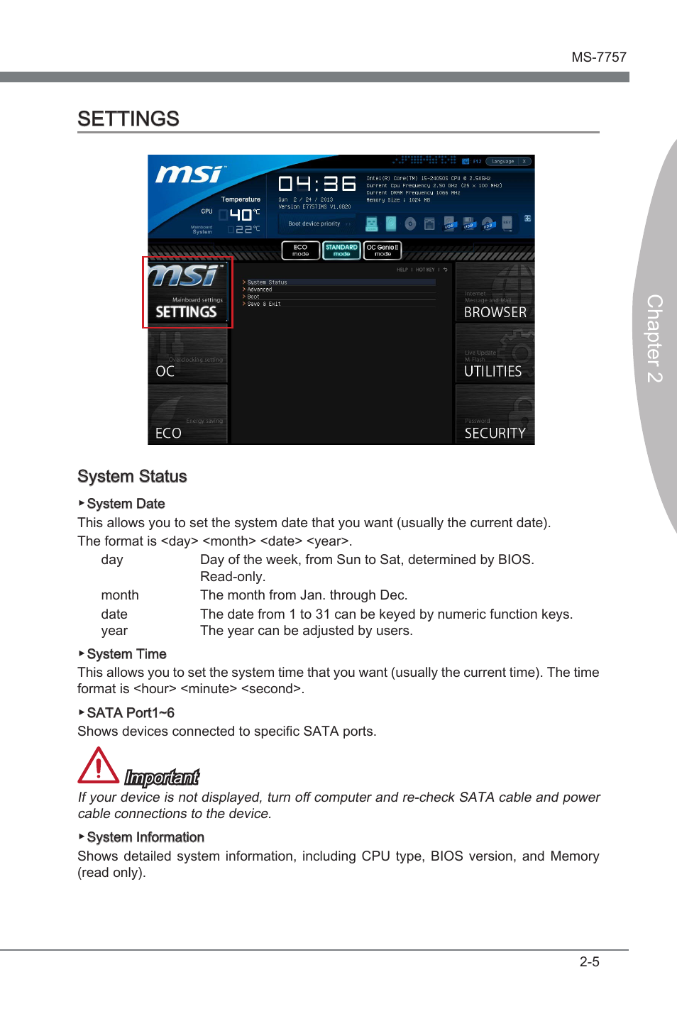 Settings -5, Chapter 2 settings, System status | Important | MSI Z77A-GD80 User Manual | Page 55 / 100