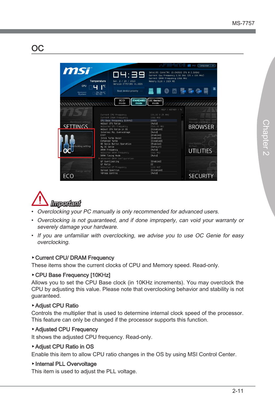 Oc -11, Chapter 2 oc, Important | MSI Z77A-GD80 User Manual | Page 61 / 100