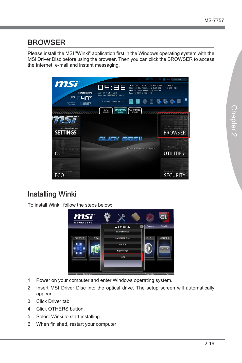 Browser -19 installng wnk -19, Chapter 2 browser, Installng wnk | MSI Z77A-GD80 User Manual | Page 69 / 100