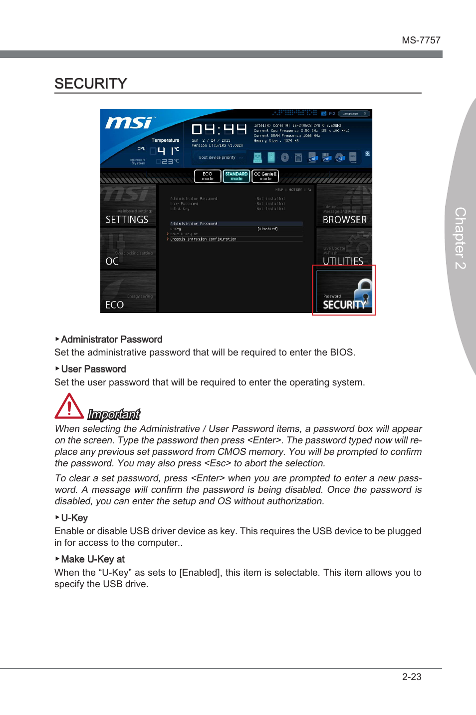 Security -23, Chapter 2 security, Important | MSI Z77A-GD80 User Manual | Page 73 / 100