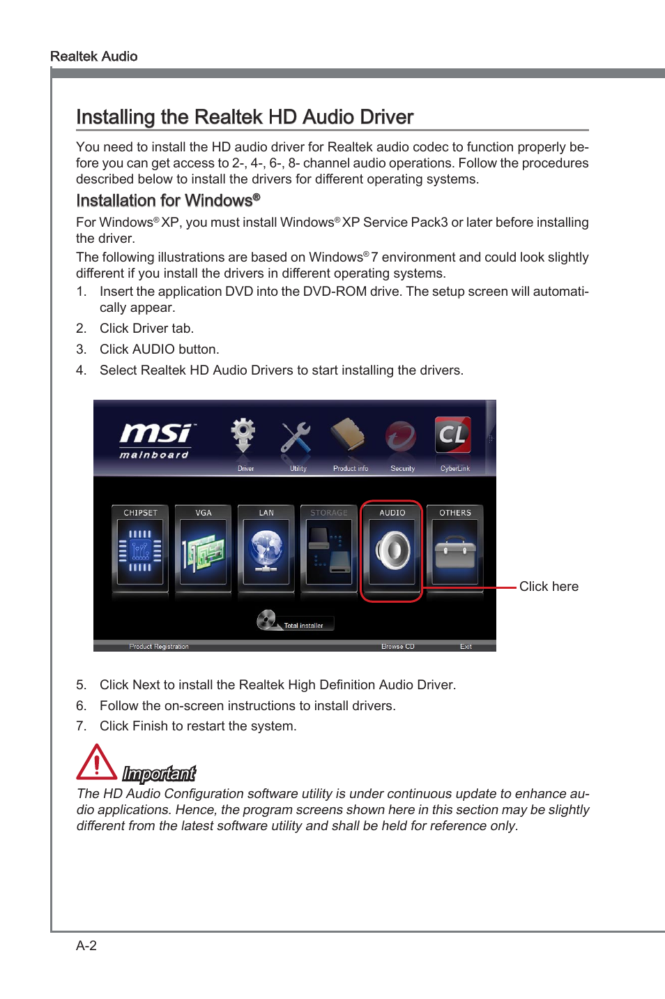 Installng the realtek hd audo drver, Installaton for wndows, Important | MSI Z77A-GD80 User Manual | Page 76 / 100