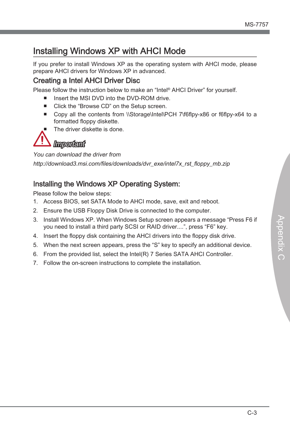 Append x c installng wndows xp wth ahci mode, Creatng a intel ahci drver dsc, Important | Installng the wndows xp operatng system | MSI Z77A-GD80 User Manual | Page 99 / 100