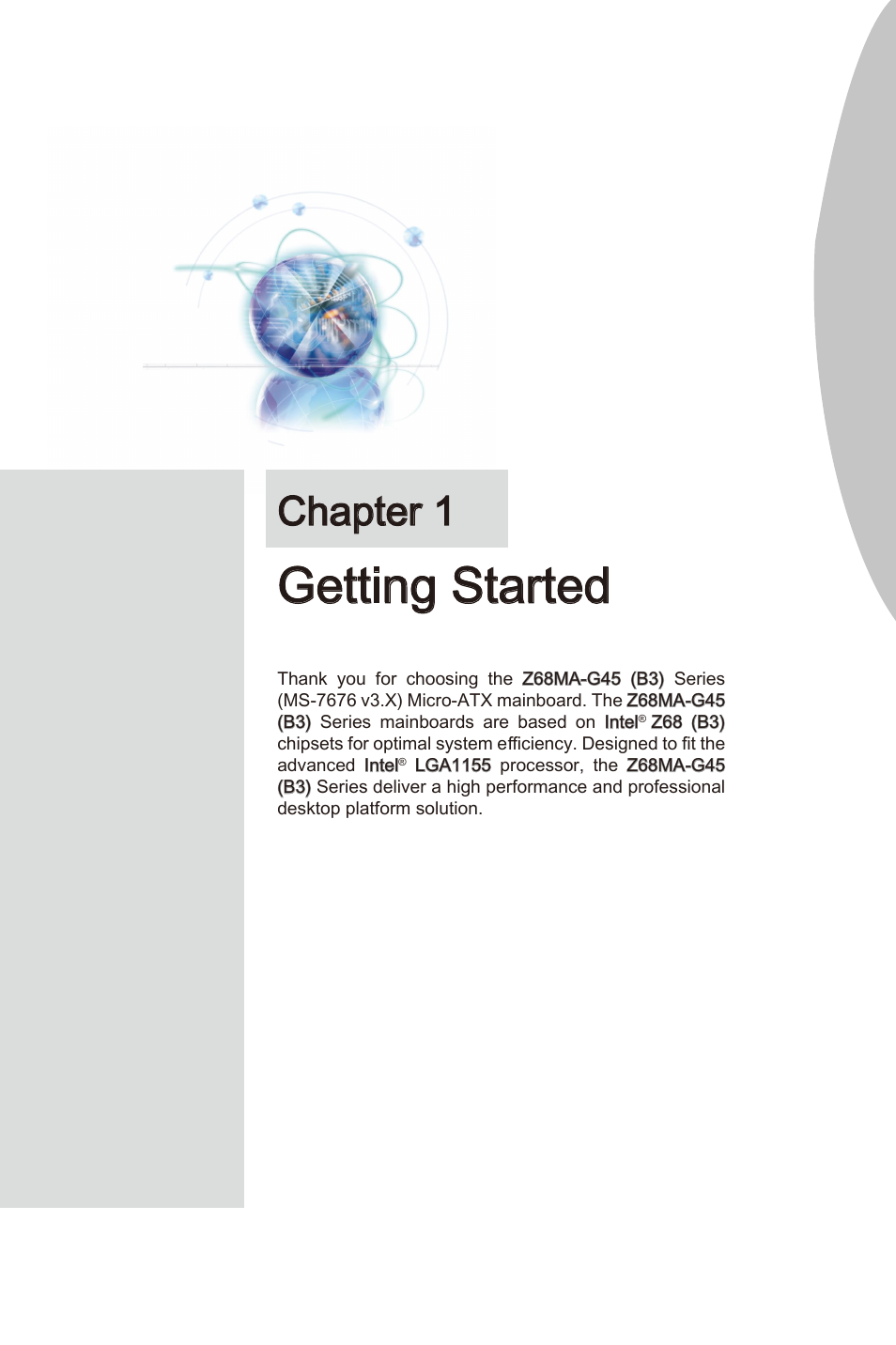 Chapter 1 gettng started -1, Gettng started, Chapter 1 | MSI Z68MA-G45 (B3) Manual User Manual | Page 11 / 78