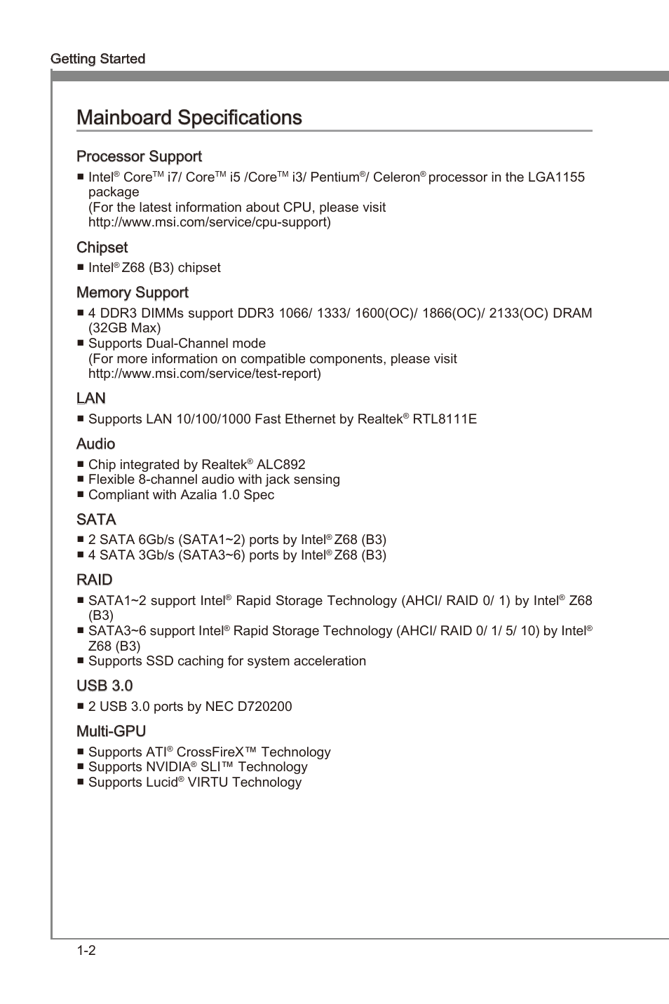 Manboard specficatons -2, Manboard specficatons | MSI Z68MA-G45 (B3) Manual User Manual | Page 12 / 78