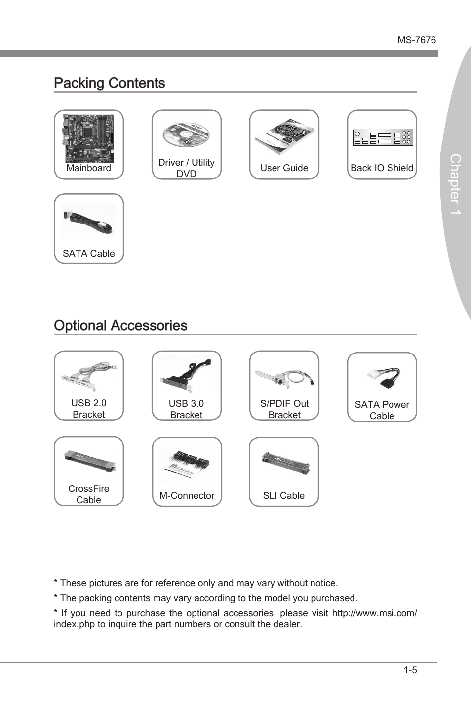 Packng contents -5 optonal accessores -5, Chapter 1 packng contents, Optonal accessores | MSI Z68MA-G45 (B3) Manual User Manual | Page 15 / 78