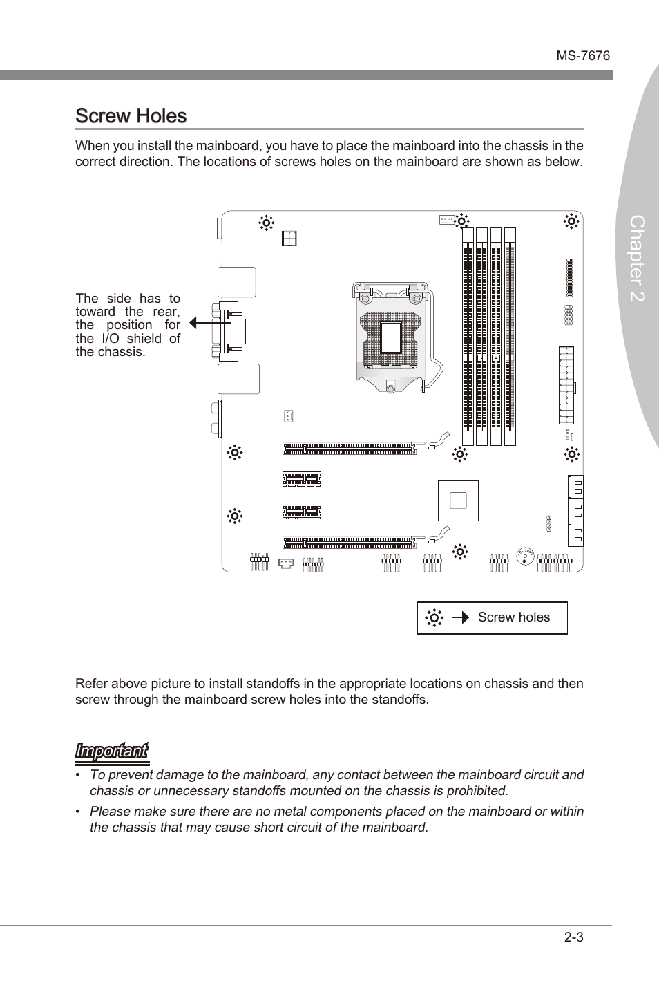 Screw holes -3, Chapter 2 screw holes, Important | MSI Z68MA-G45 (B3) Manual User Manual | Page 19 / 78