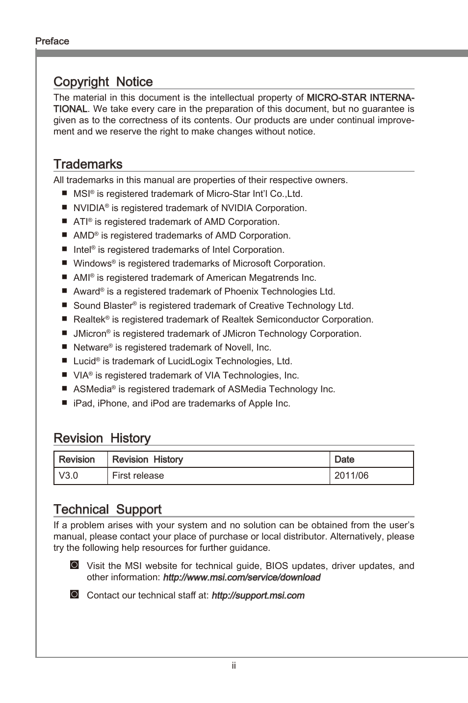 Preface, Copyrght notce, Trademarks | Revson hstory, Techncal support | MSI Z68MA-G45 (B3) Manual User Manual | Page 2 / 78