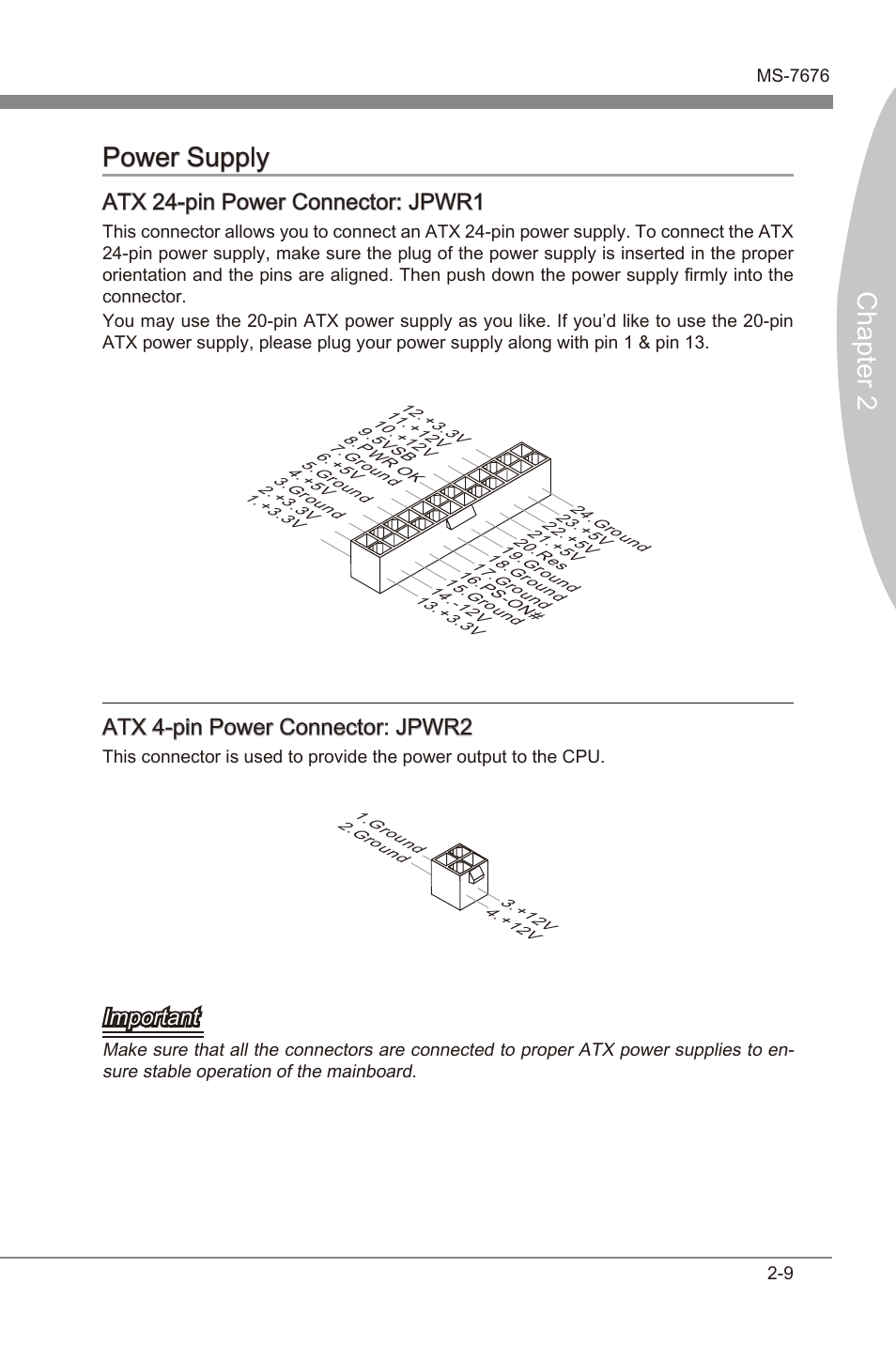 Power supply -9, Chapter 2 power supply, Atx 24-pn power connector: jpwr1 | Atx 4-pn power connector: jpwr2, Important | MSI Z68MA-G45 (B3) Manual User Manual | Page 25 / 78