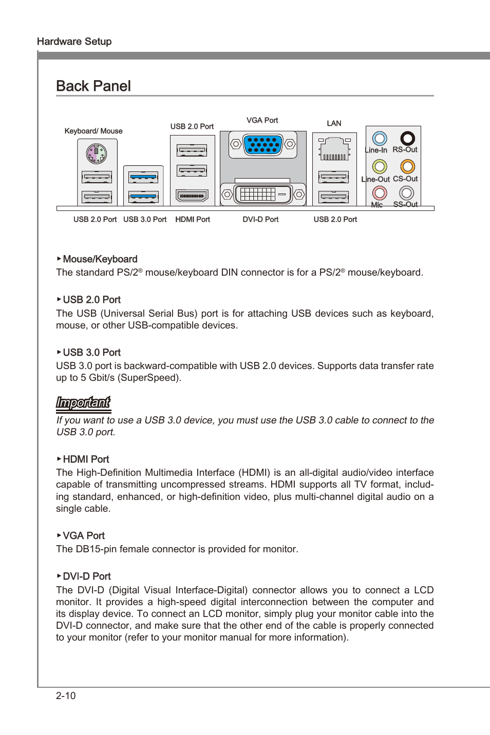 Back panel -10, Back panel, Important | MSI Z68MA-G45 (B3) Manual User Manual | Page 26 / 78