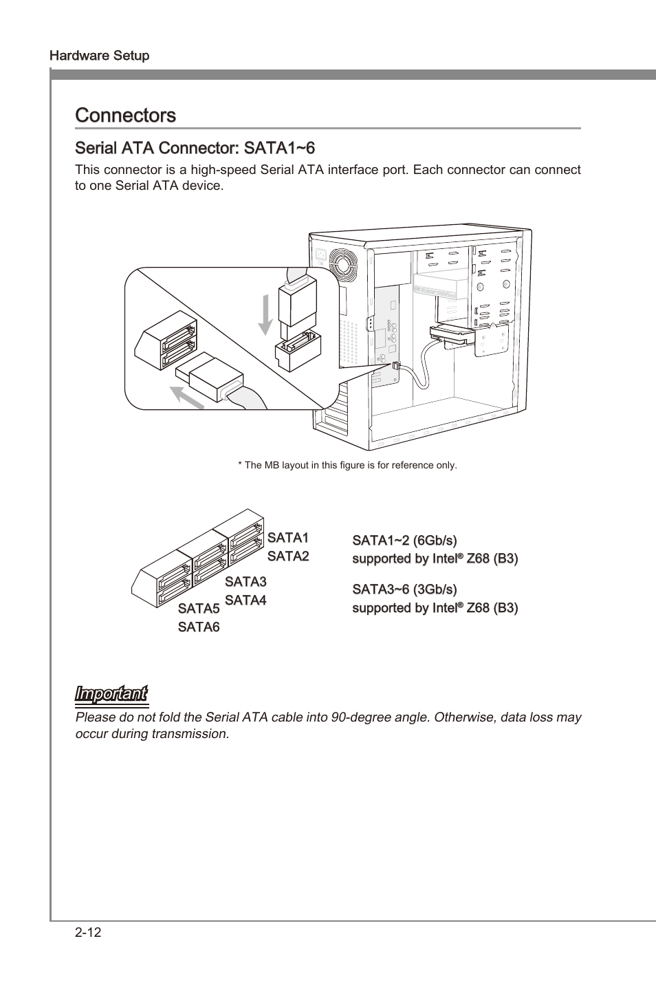 Connectors -12, Connectors, Seral ata connector: sata1~6 | Important | MSI Z68MA-G45 (B3) Manual User Manual | Page 28 / 78