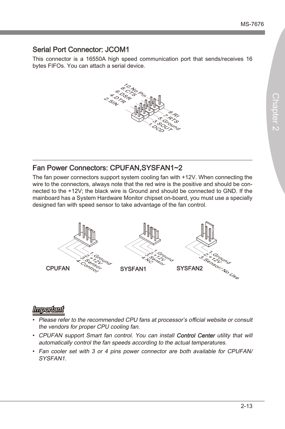 Chapter 2, Seral port connector: jcom1, Fan power connectors: cpufan,sysfan1~2 | Important | MSI Z68MA-G45 (B3) Manual User Manual | Page 29 / 78