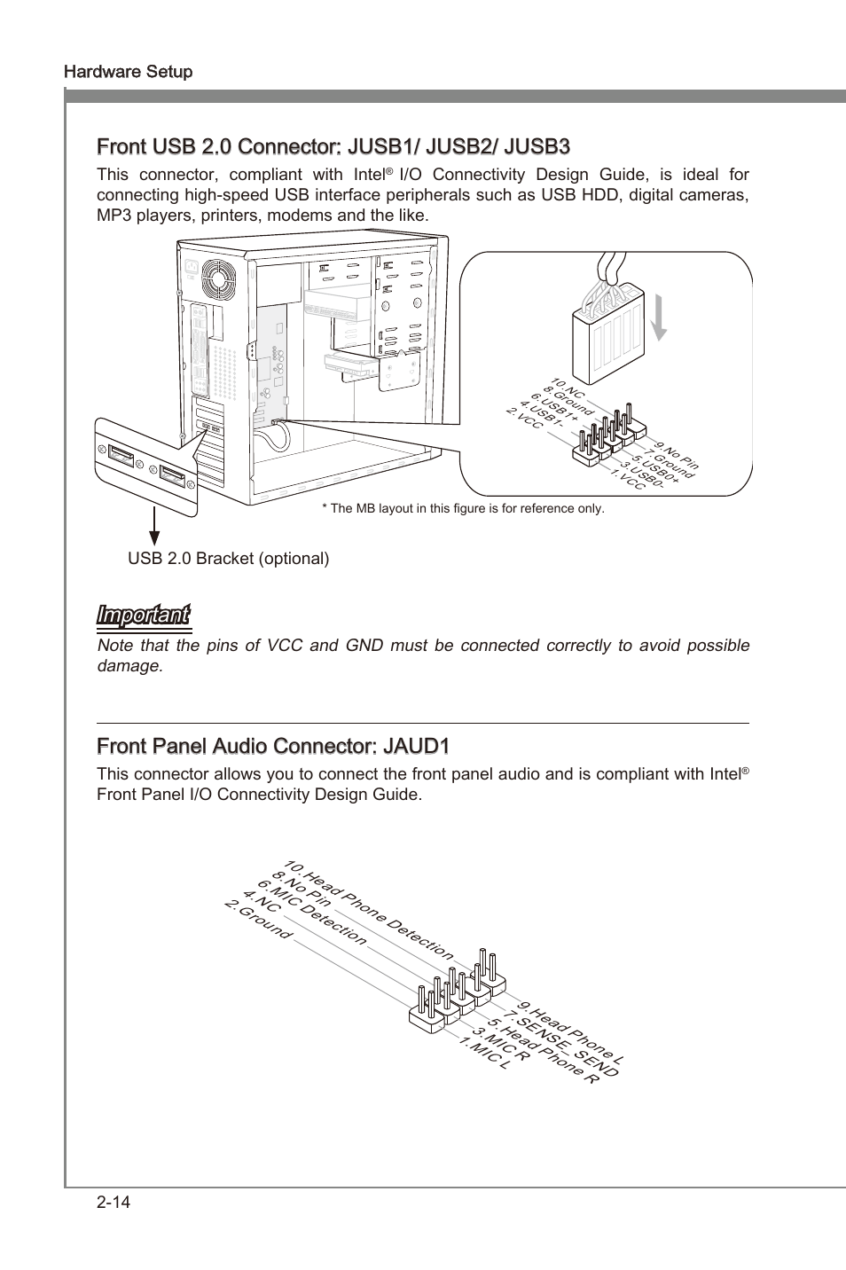 Important, Front panel audo connector: jaud1 | MSI Z68MA-G45 (B3) Manual User Manual | Page 30 / 78