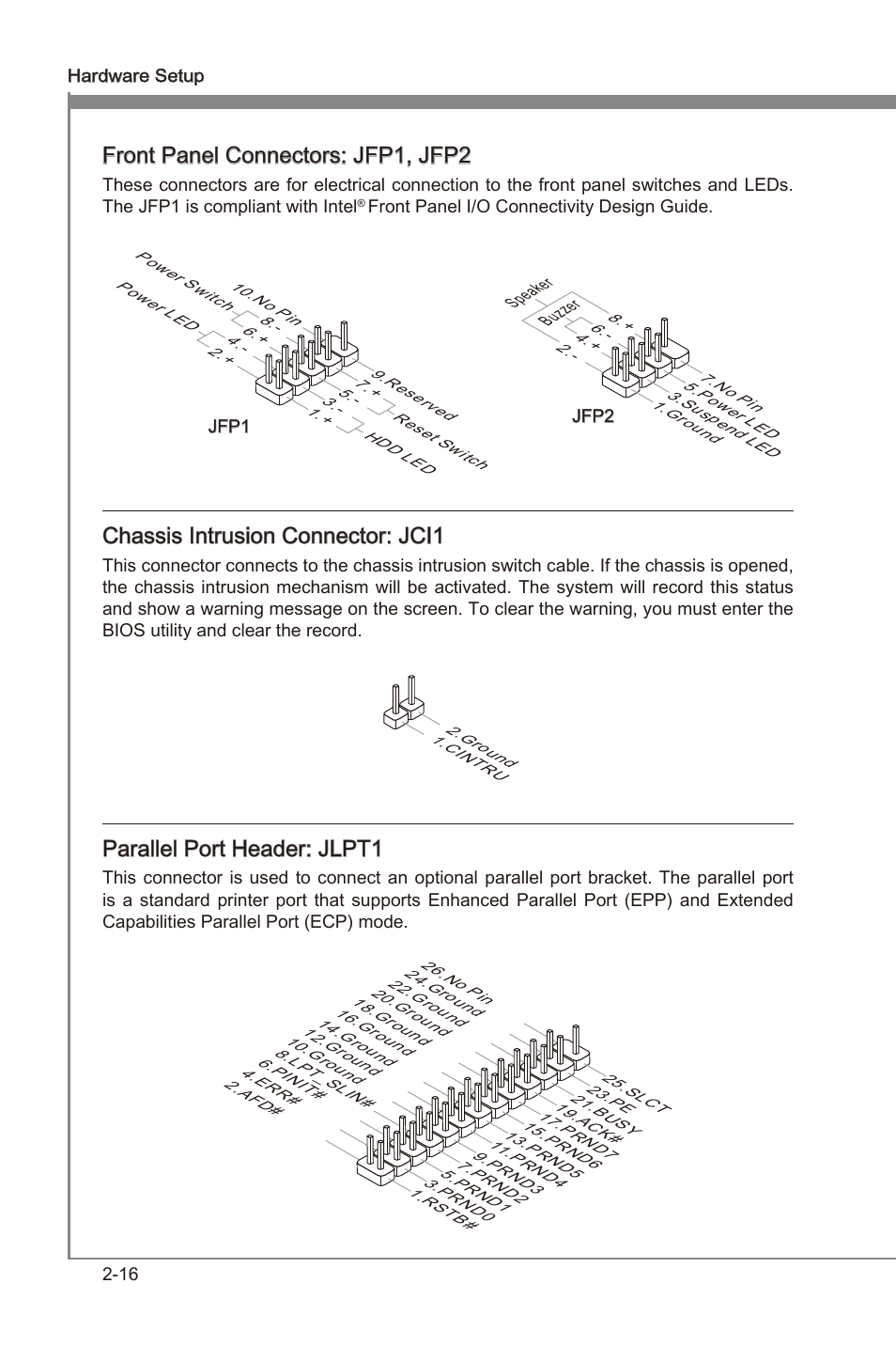 Front panel connectors: jfp1, jfp2, Chasss intruson connector: jci1, Parallel port header: jlpt1 | MSI Z68MA-G45 (B3) Manual User Manual | Page 32 / 78