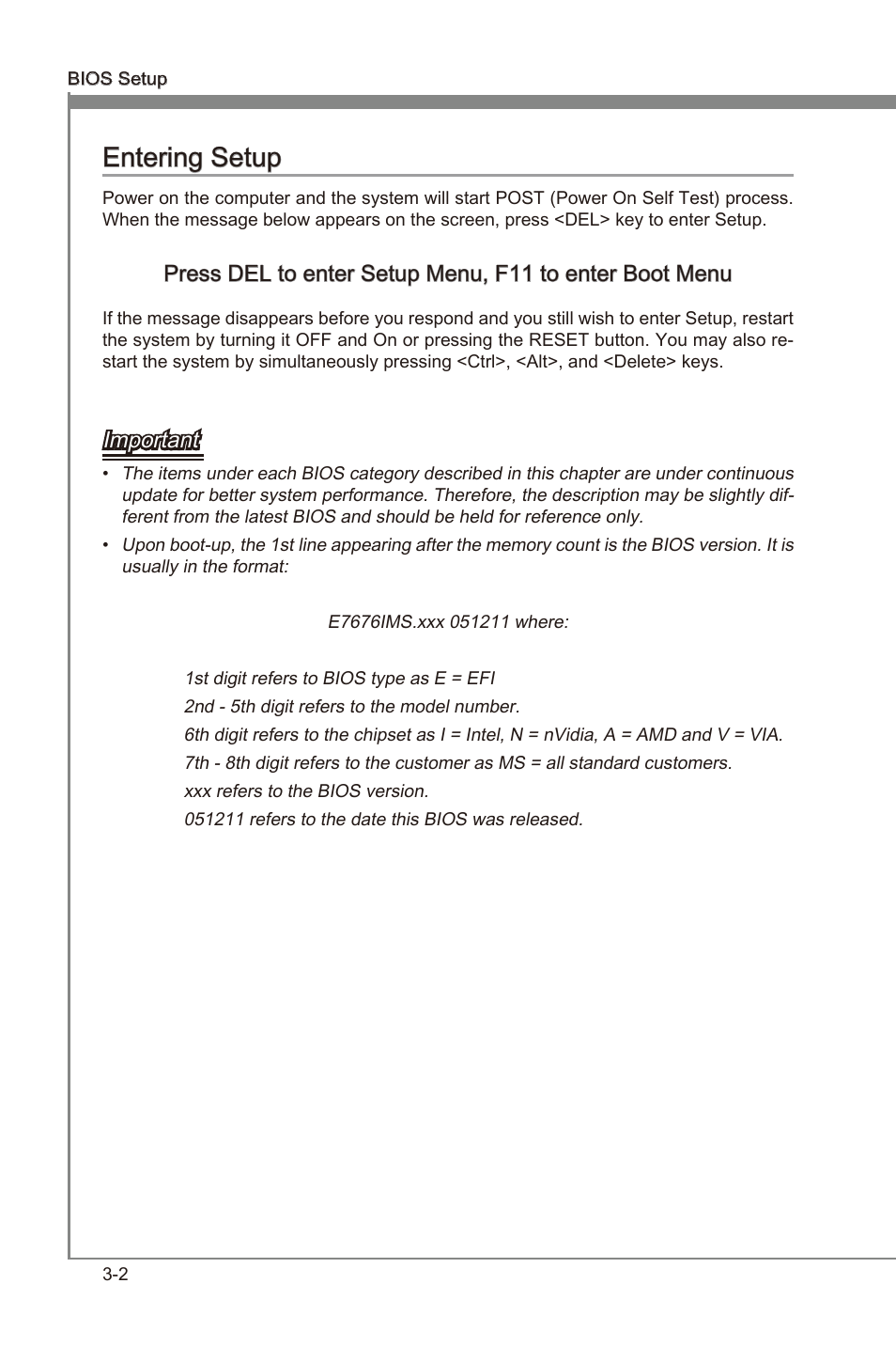 Enterng setup -2, Chapter 3, Chapter 3 enterng setup | Important | MSI Z68MA-G45 (B3) Manual User Manual | Page 36 / 78
