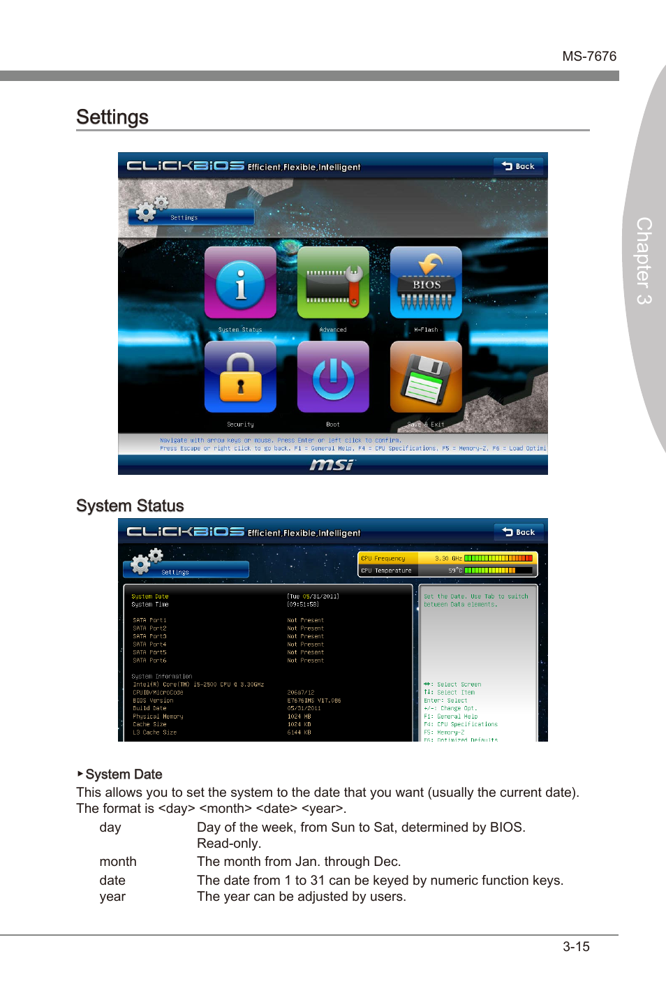 Settngs -15, Chapter 3, Chapter 3 settngs | System status | MSI Z68MA-G45 (B3) Manual User Manual | Page 49 / 78