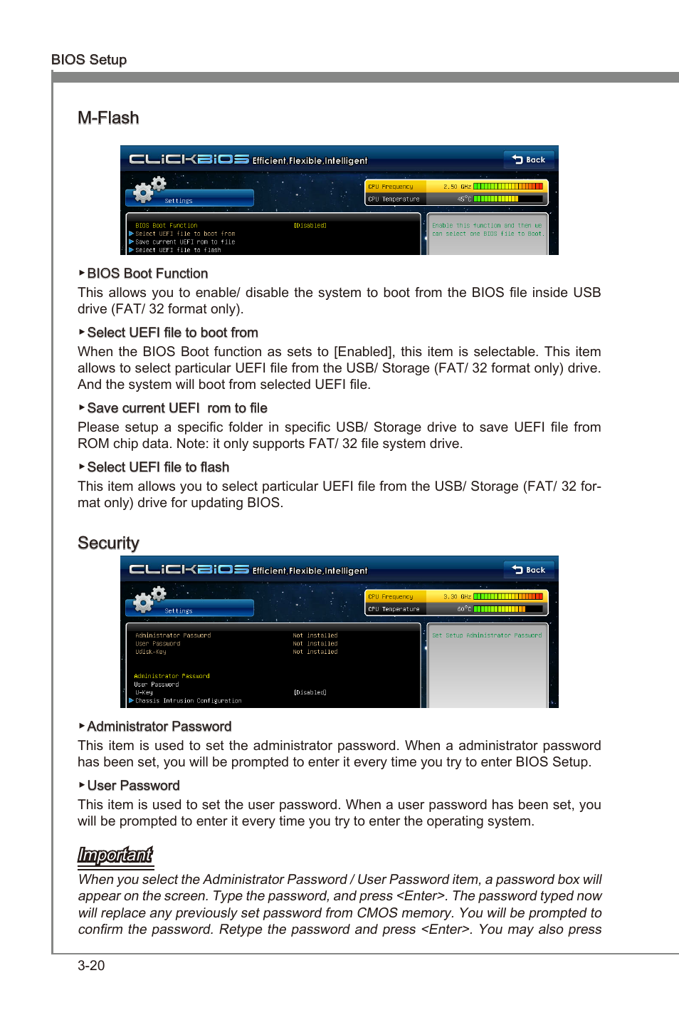 Chapter 3, M-flash, Securty | Important | MSI Z68MA-G45 (B3) Manual User Manual | Page 54 / 78