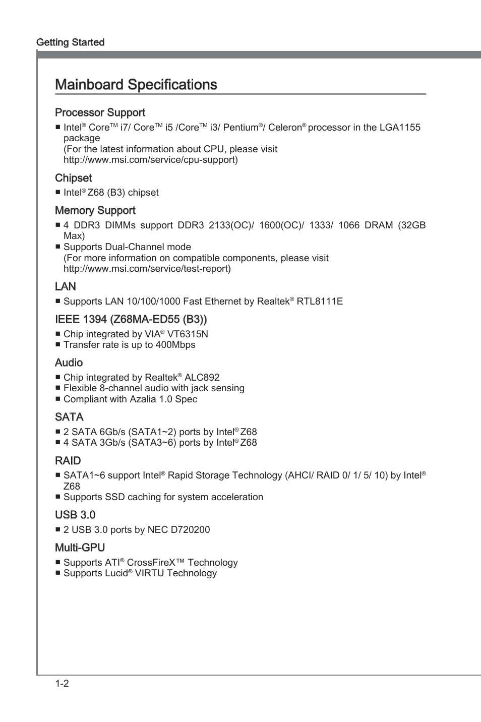 Manboard specficatons | MSI Z68MA-ED55 (B3) User Manual | Page 12 / 82