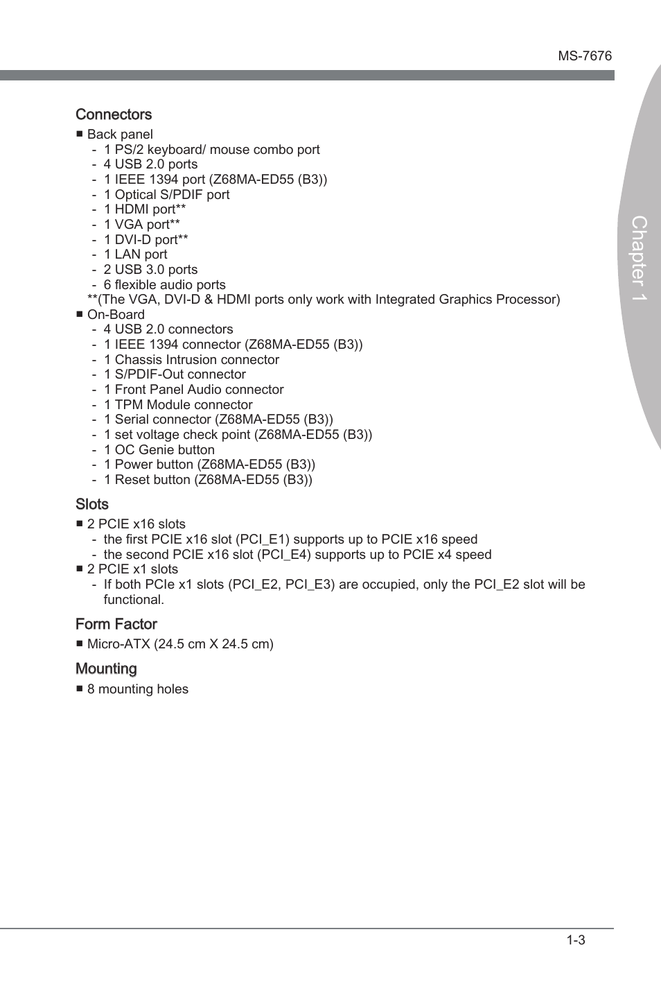 Chapter 1 | MSI Z68MA-ED55 (B3) User Manual | Page 13 / 82
