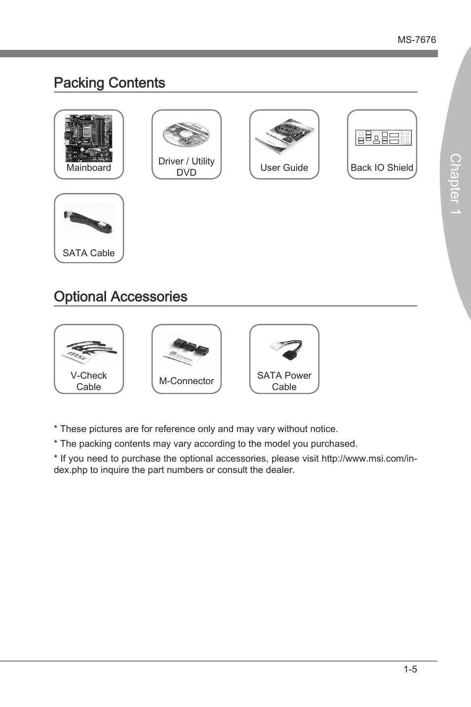 Chapter 1 packng contents, Optonal accessores | MSI Z68MA-ED55 (B3) User Manual | Page 15 / 82