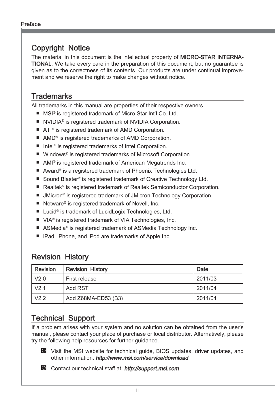 Preface, Copyrght notce, Trademarks | Revson hstory, Techncal support | MSI Z68MA-ED55 (B3) User Manual | Page 2 / 82